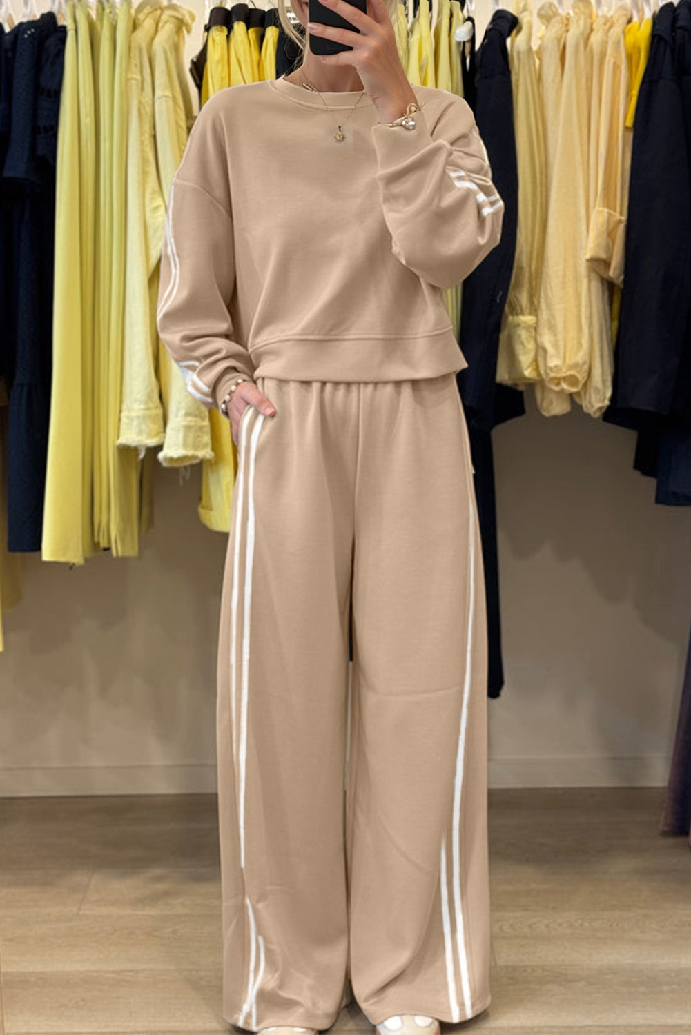 Oatmeal Varsity Striped Detail Crew-Neck Pullover Elastic Sweatpants Two-Piece Outfit