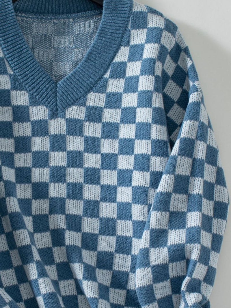 Hazel Blues® |  Checkered V-Neck Dropped Shoulder Sweater