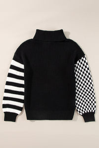 Hazel Blues® |  Striped & Checkered Turtleneck Dropped Shoulder Sweater