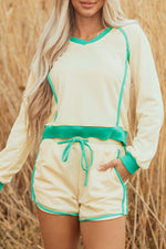 Hazel Blues® |  White Contrast Trim Colorblock Long Sleeve Pullover and Drawstring Shorts 2pcs Outfit