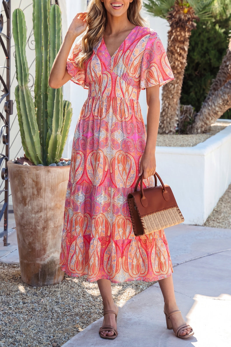 Paisley Print V-Neck Short Sleeve Boho Maxi Dress with Ruffle Details Multicolour / L / 82%Viscose+18%Polyamide