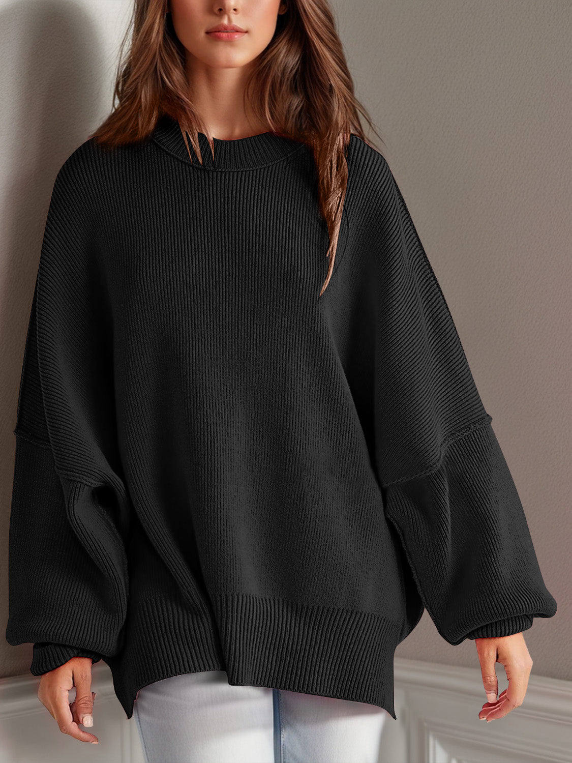 Hazel Blues® |  Double Take Side Slit Round Neck Long Sleeve Sweater