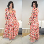 Hazel Blues® |  Floral Frill Trim Flounce Sleeve Plunge Maxi Dress