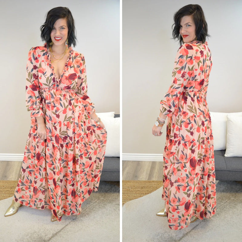 Hazel Blues® |  Floral Frill Trim Flounce Sleeve Plunge Maxi Dress