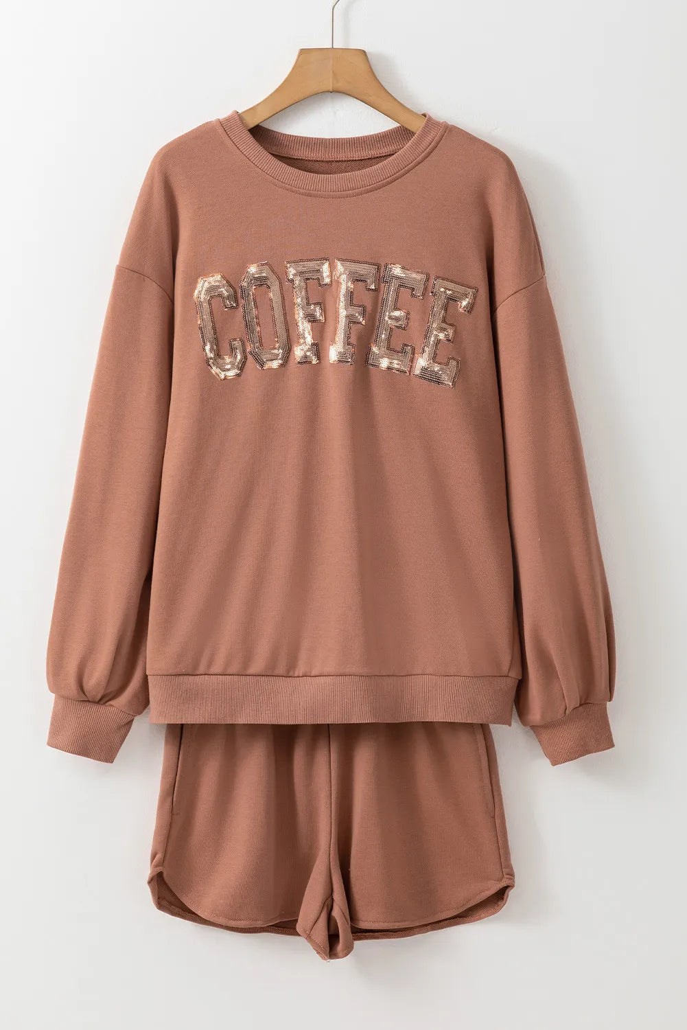 Hazel Blues® |  COFFEE Sequin Round Neck Long Sleeve Top and Shorts Set