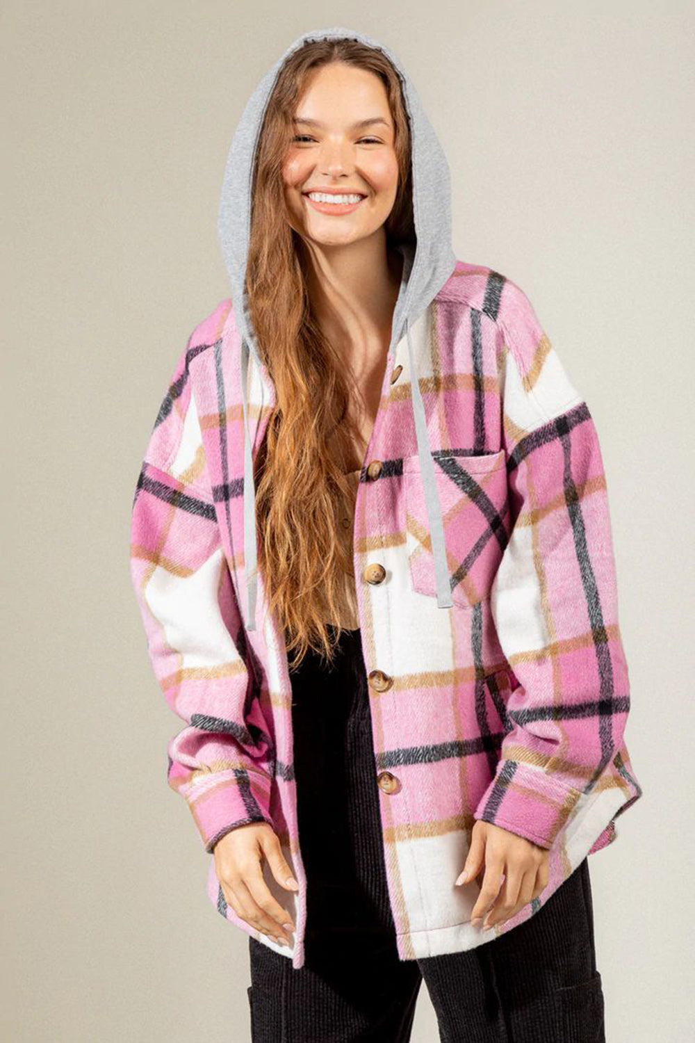 Hazel Blues® |  Drawstring Plaid Dropped Shoulder Hooded Shacket