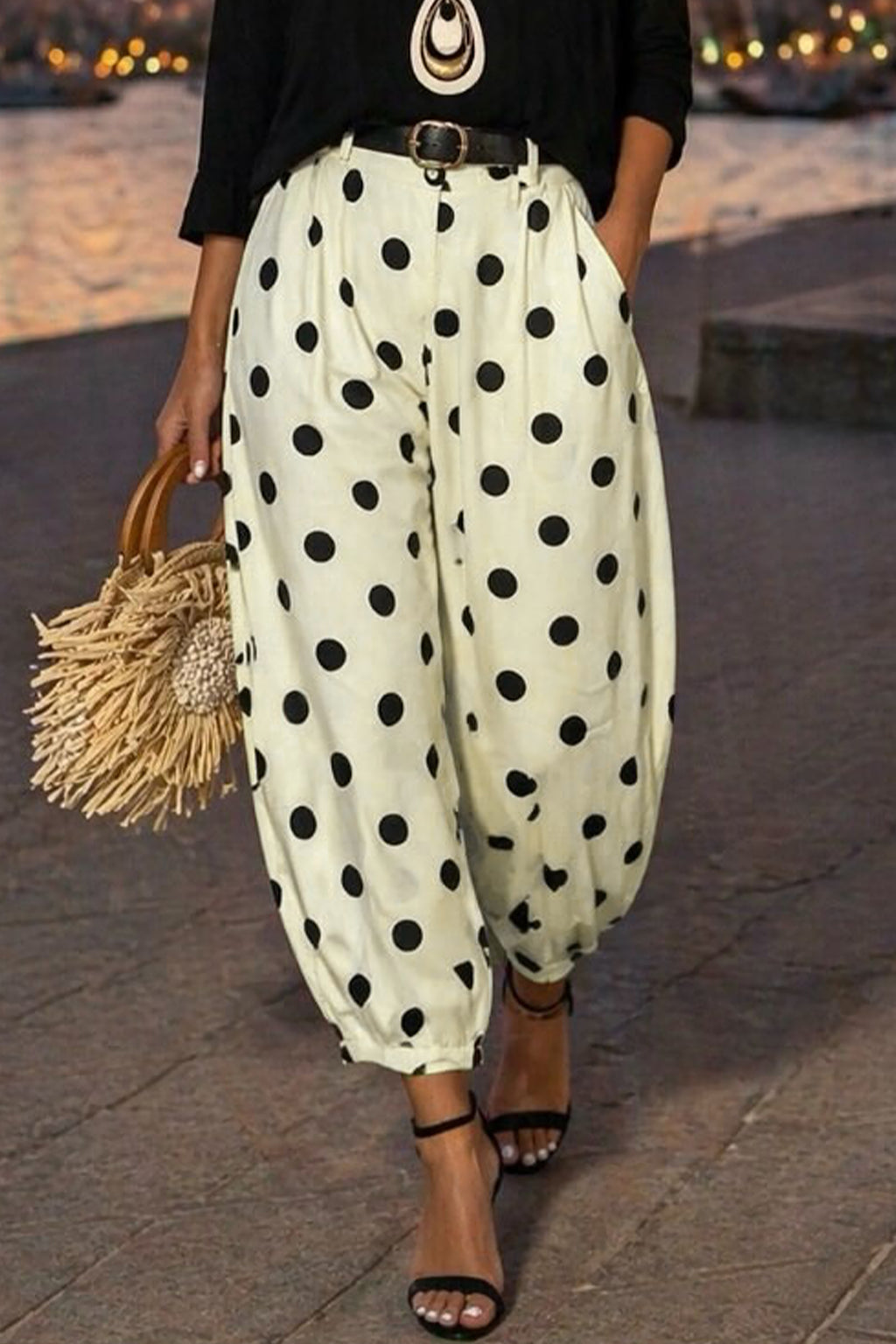 Black Polka-Dot Ankle Length Harem Pants