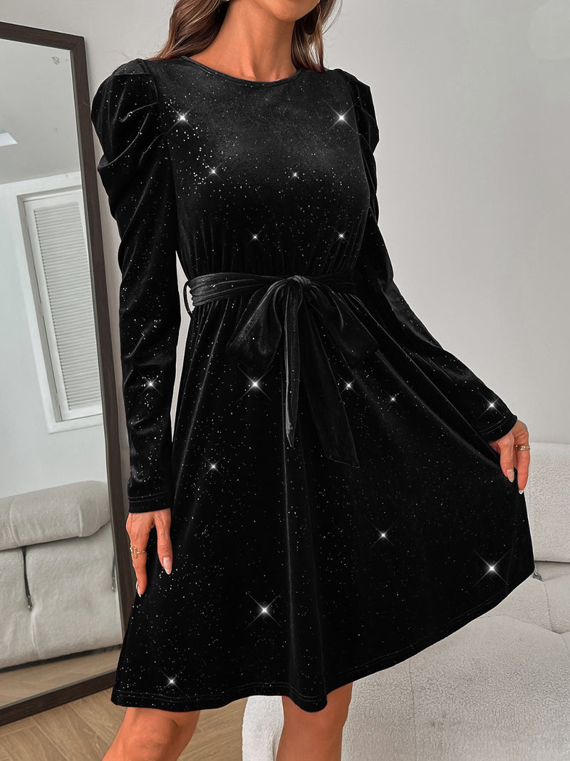 glitter puff sleeve dress Puffy Sleeve Glitter Midi Dress HAREM's Brides