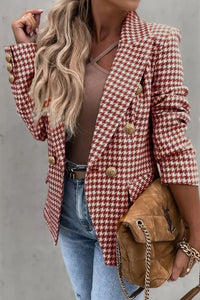 Hazel Blues® |  Houndstooth Collared Neck Double-Breasted Blazer