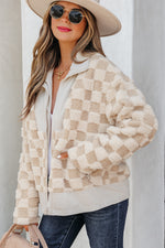 Hazel Blues® |  Khaki Checker Sherpa Corduroy Patchwork Zip up Collared Jacket