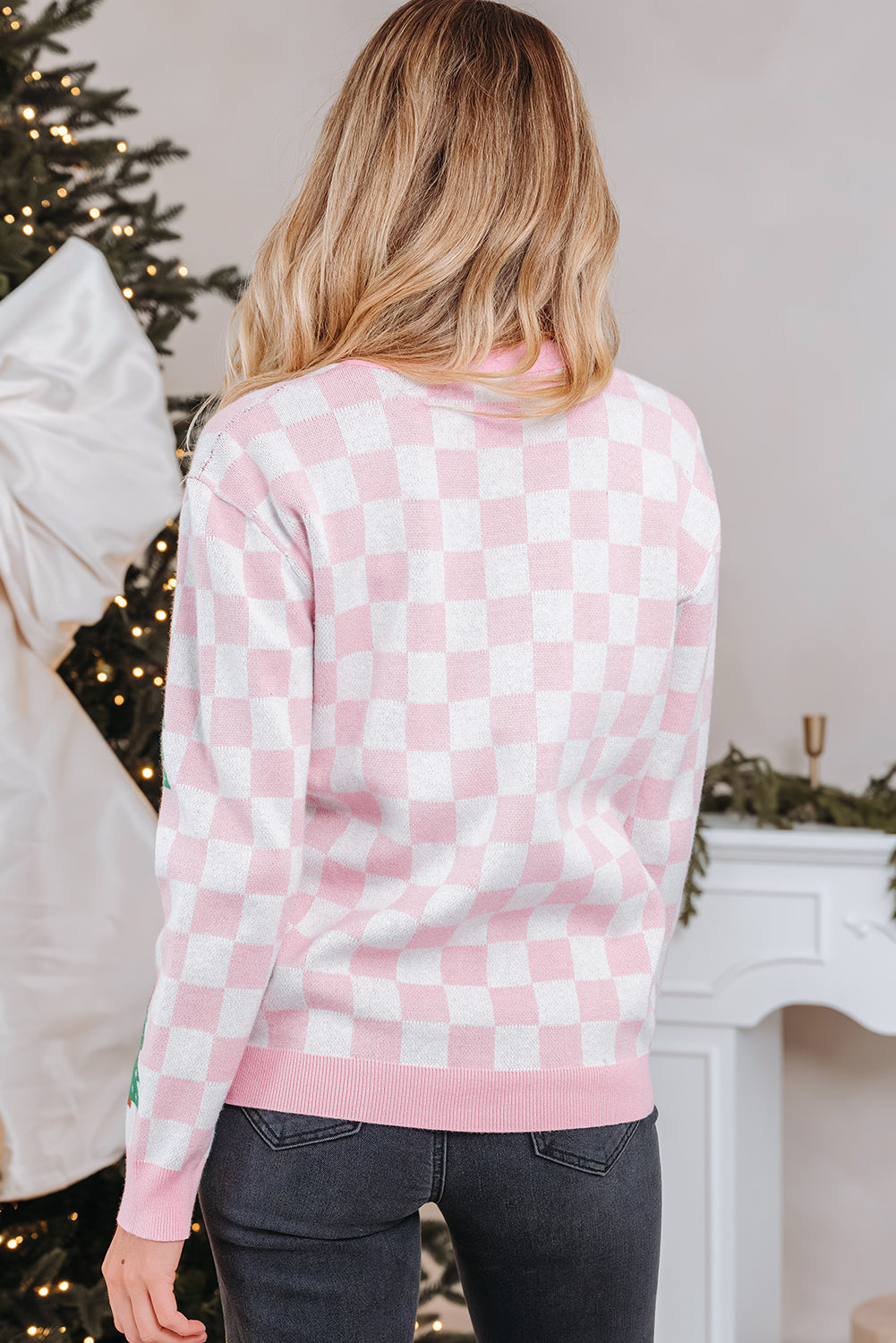 Pink Checkered Christmas Tree Pattern Button V-Neck Cardigan Sweater