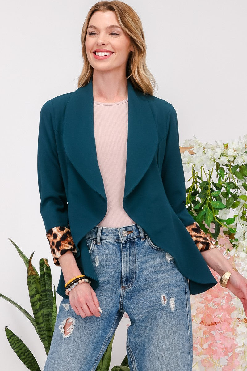 Hazel Blues® |  Celeste Rolled Leopard Cuff Open Front Blazer