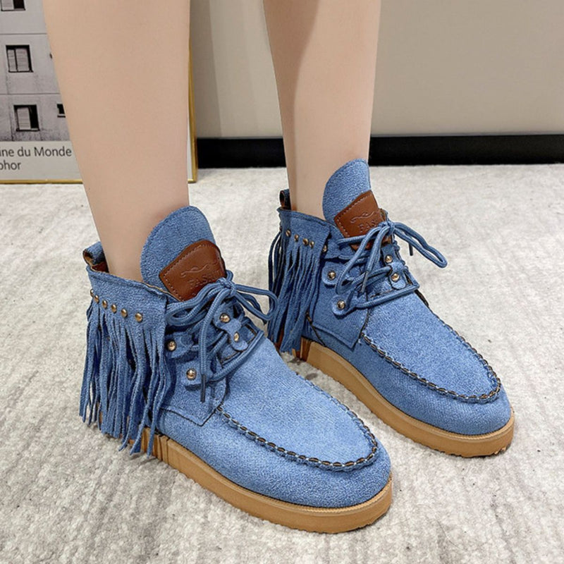 Hazel Blues® |  Fringe Studded Round Toe Canvas Boots