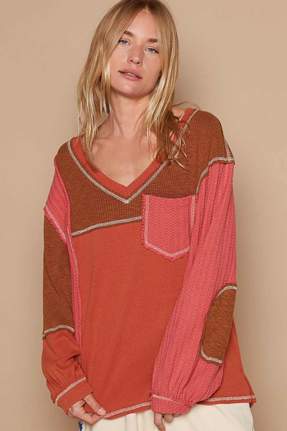 Hazel Blues® |  POL V-Neck Knit Panel Exposed Seam Top