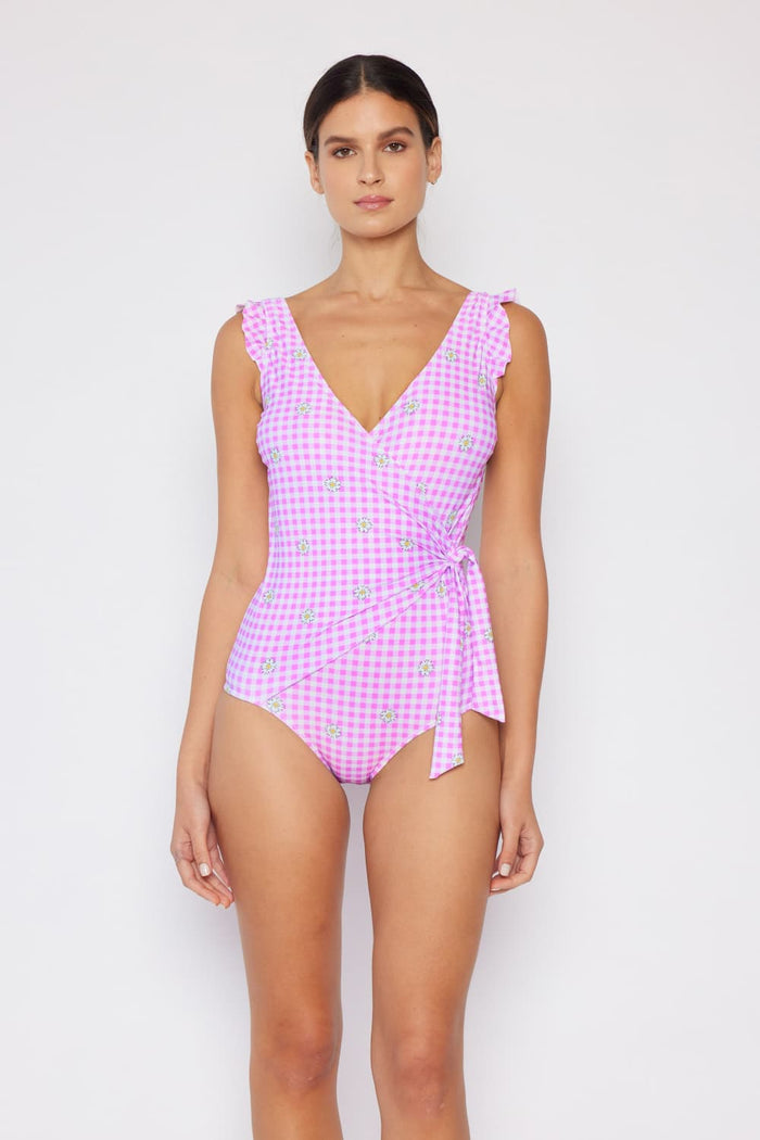 Hazel Blues® | Float On Ruffle Faux Wrap One-Piece in Carnation Pink: Adult