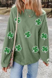 Hazel Blues® |  Sequin Lucky Clover Round Neck Long Sleeve Sweatshirt