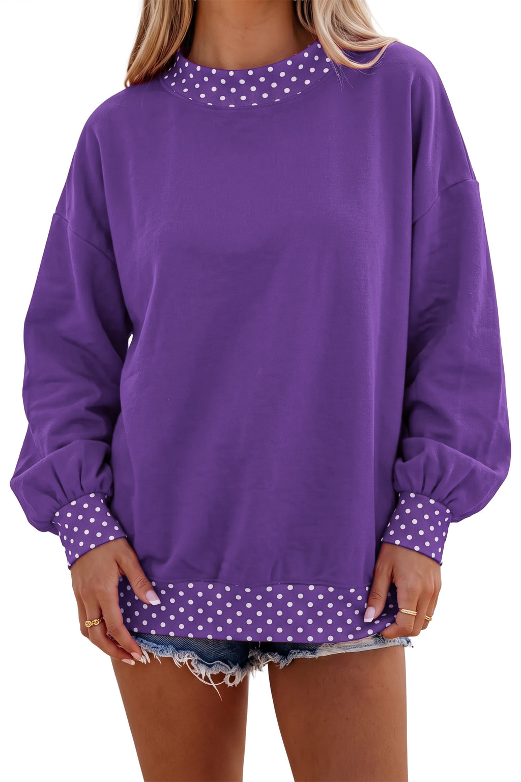 Tillandsia Purple Colorblock Polka Dot Contrast Trim Oversized Sweatshirt
