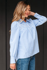Hazel Blues® |  Sky Blue Stripe Shirred Detail Half Placket Collared Long Sleeve Fall Shirt