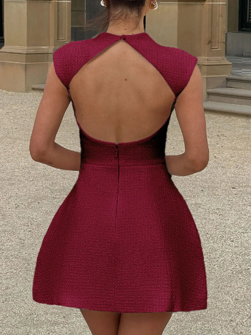 Cutout Back Round Neck Cap Sleeve Mini Dress Pink / M Cutout Back Round Neck Cap Sleeve Mini Dress Pink / M