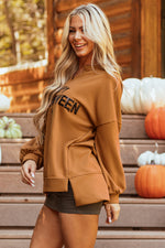 Hazel Blues® |  Chestnut Sequin Happy Halloween Graphic Notched Neck Long Sleeve Loose Top