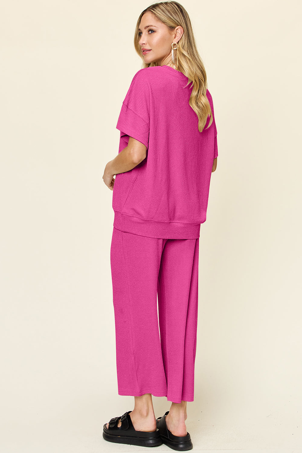 Hazel Blues® |  Double Take Texture Round Neck Short Sleeve T-Shirt and Wide Leg Pants