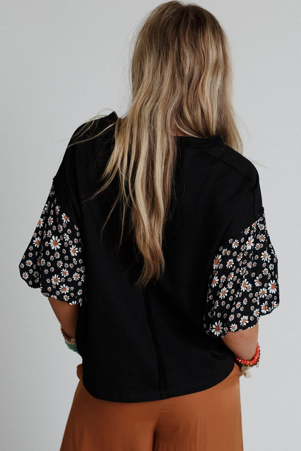 Black Contrast Floral Puff-Sleeve Oversized Top