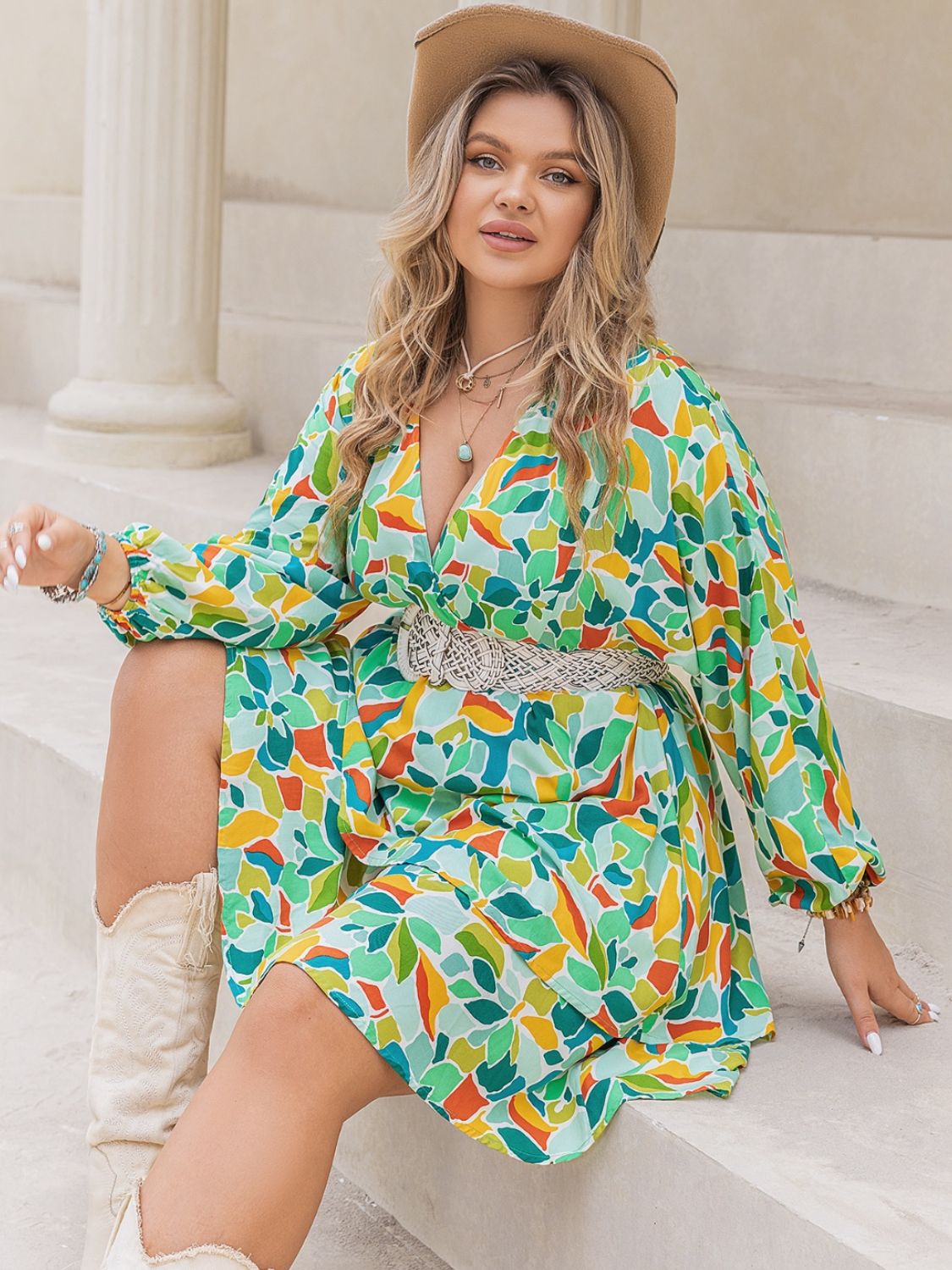 Hazel Blues® | Printed Surplice Long Sleeve Mini Dress