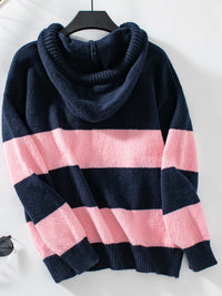 Hazel Blues® |  Drawstring Contrast Stripe Dropped Shoulder Hooded Sweater