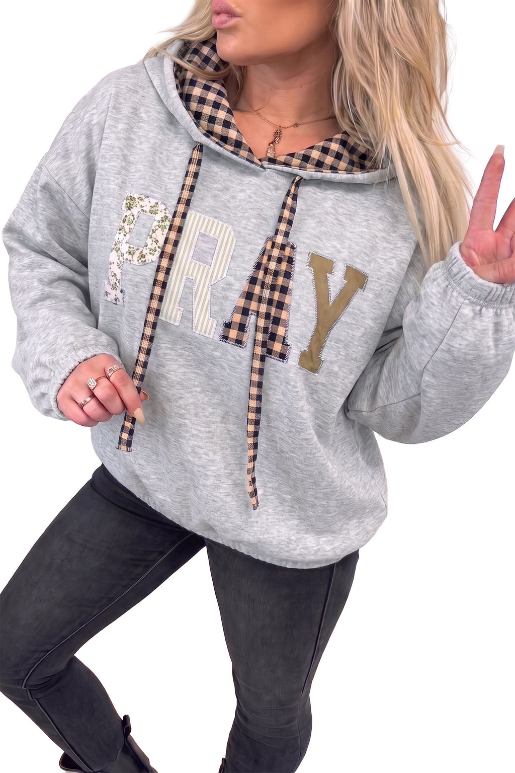 Faithful Plaid Gray PRAY Graphic Hoodie