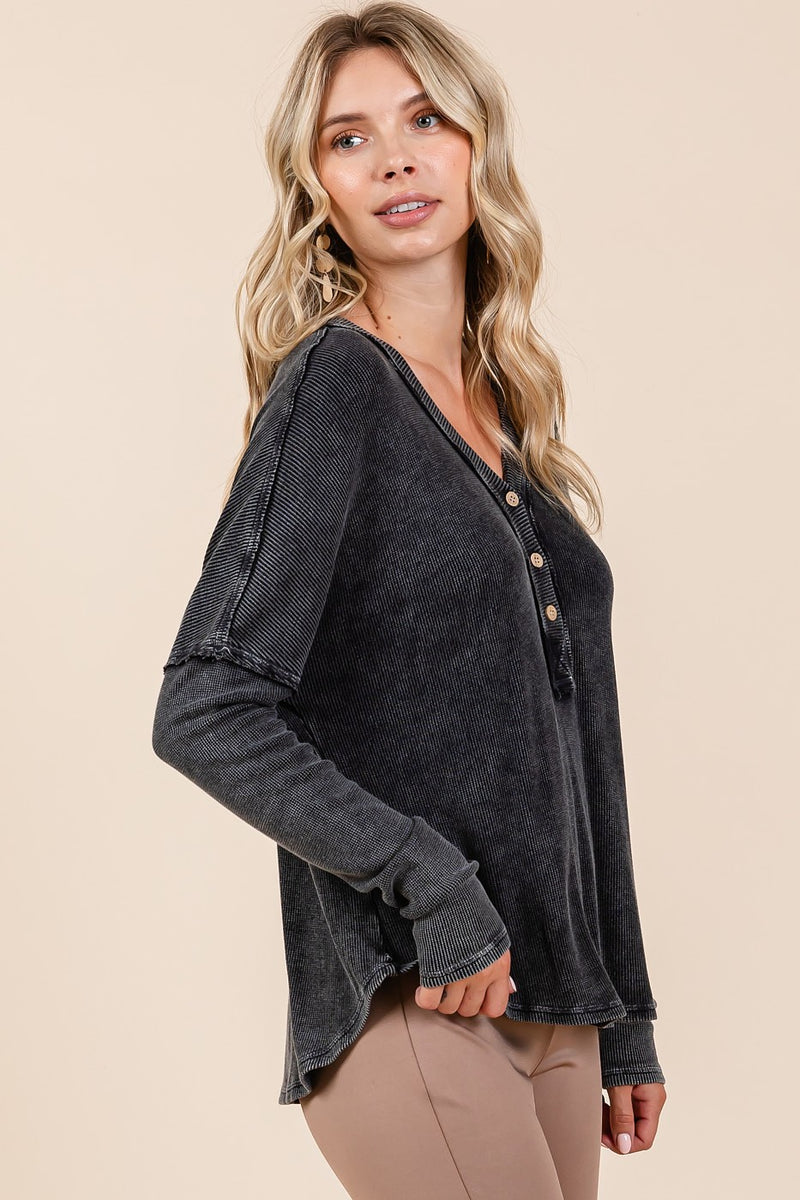 Hazel Blues® |  Mittoshop Washed V-Neck Long Sleeve Blouse