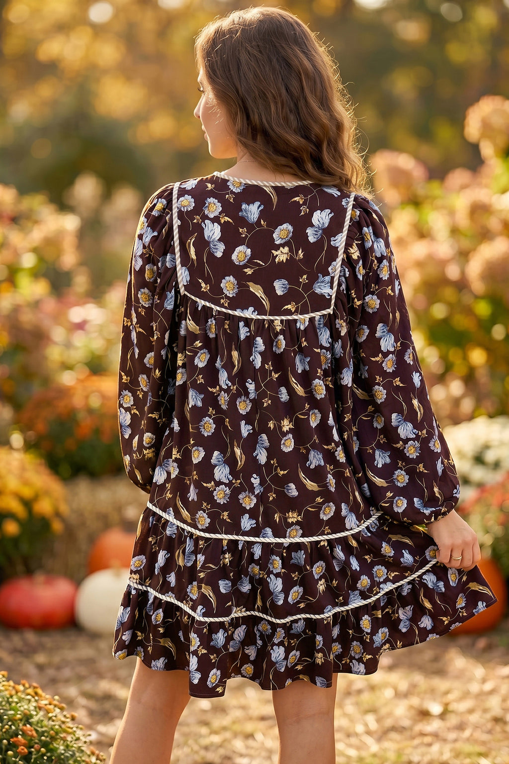 Brown Floral-Print Shirred V-Neck Shift Dress
