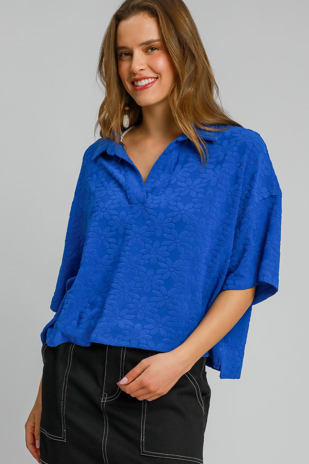 Hazel Blues® |  Umgee Floral Johnny Collar Half Sleeve Jacquard Top