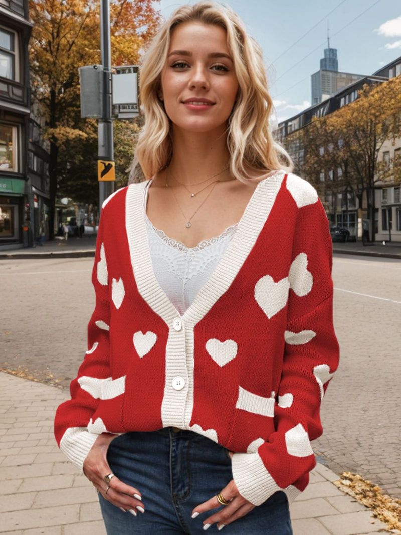 Hazel Blues® |  Heart Button Up Dropped Shoulder Long Sleeve Cardigan