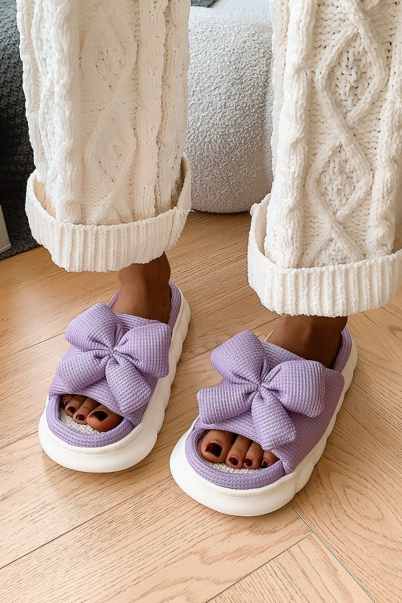 Hazel Blues® |  Bow Waffle-Knit Platform Slippers