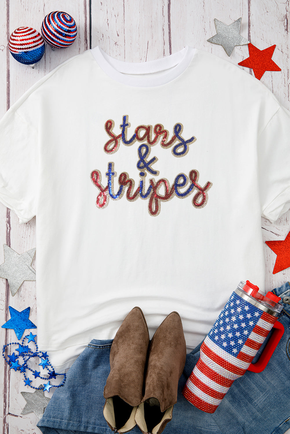 Hazel Blues® |  White Sequin stars & stripes Graphic Drop Shoulder Loose T Shirt