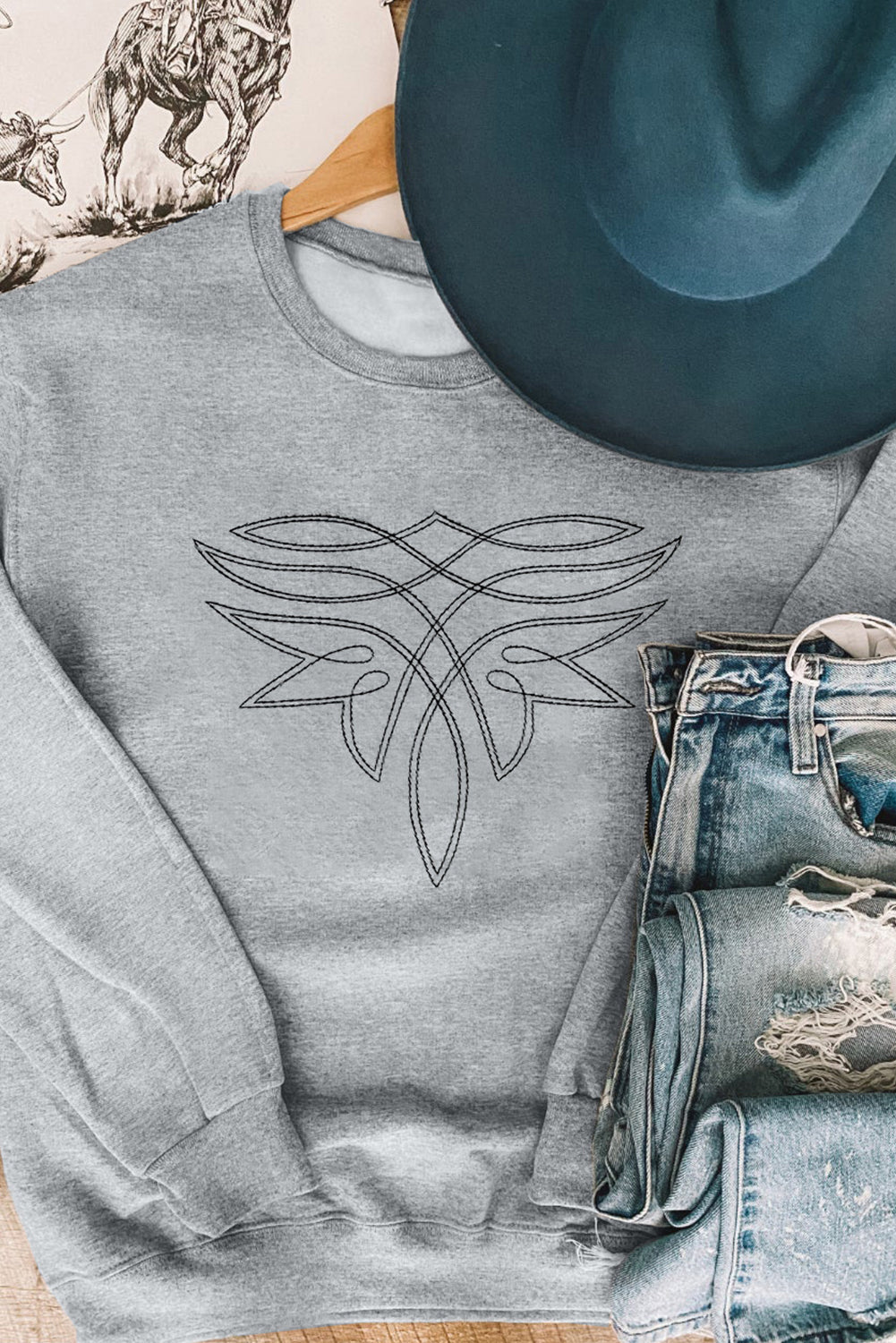 Hazel Blues® |  Gray Western Pattern Embroidered Drop Shoulder Pullover Top