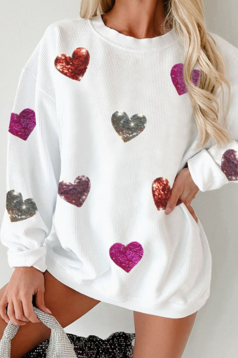 Hazel Blues® |  Valentine’s Day Sequin Heart Round Neck Long Sleeve Sweatshirt