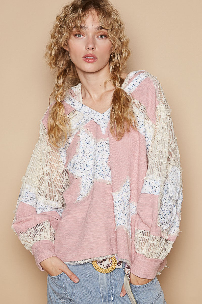 Hazel Blues® |  POL Star Patch Lace Long Sleeve Hooded Top