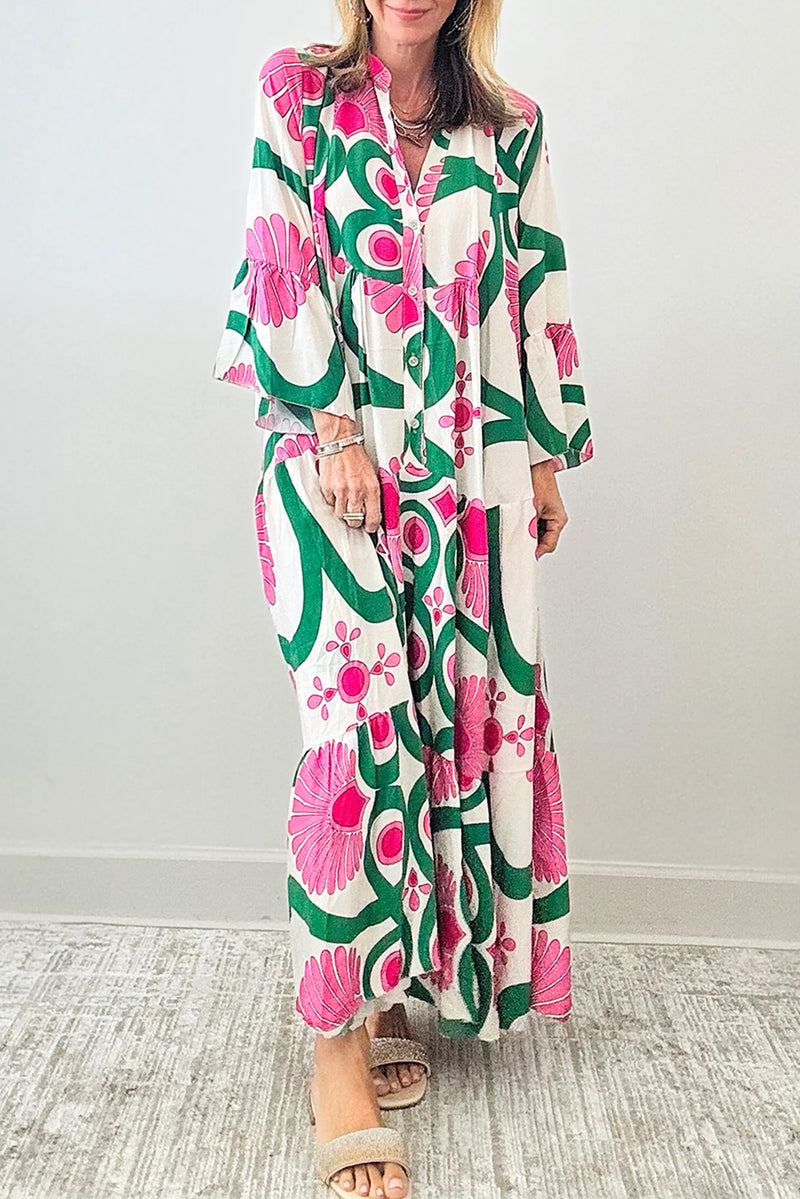 Hazel Blues® |  Printed Notched Long Sleeve Maxi Dress