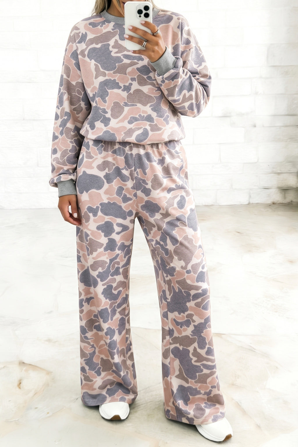 Camouflage Print Long Sleeve Top Loose 2pcs Pants Set