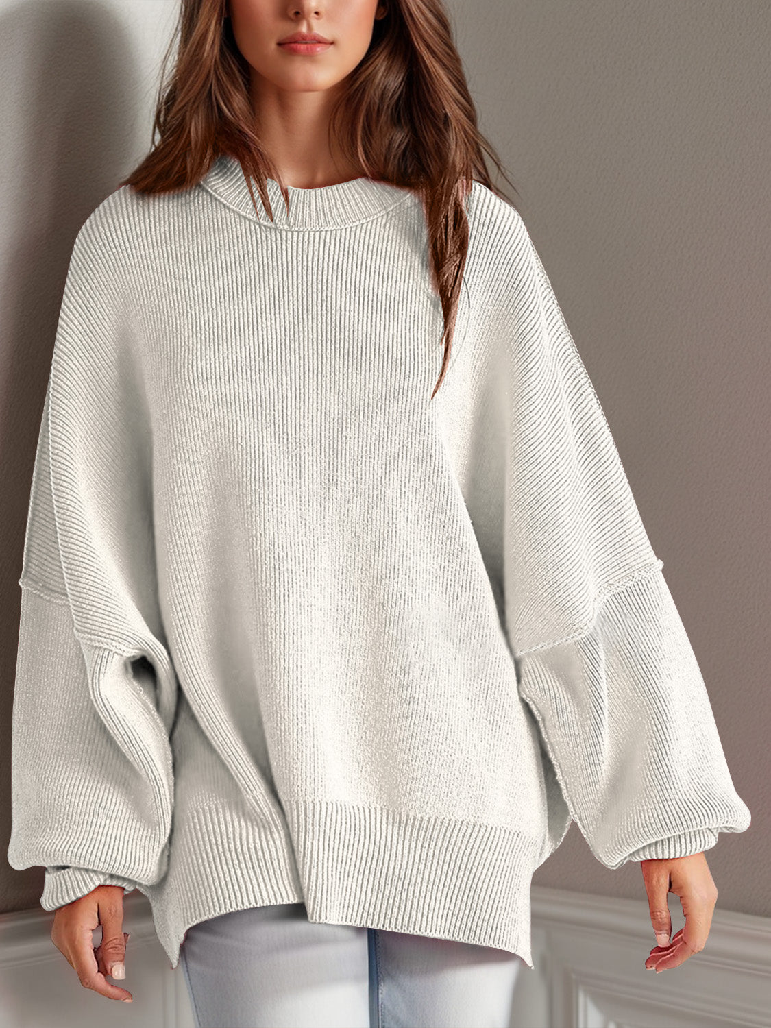 Hazel Blues® |  Double Take Side Slit Round Neck Long Sleeve Sweater