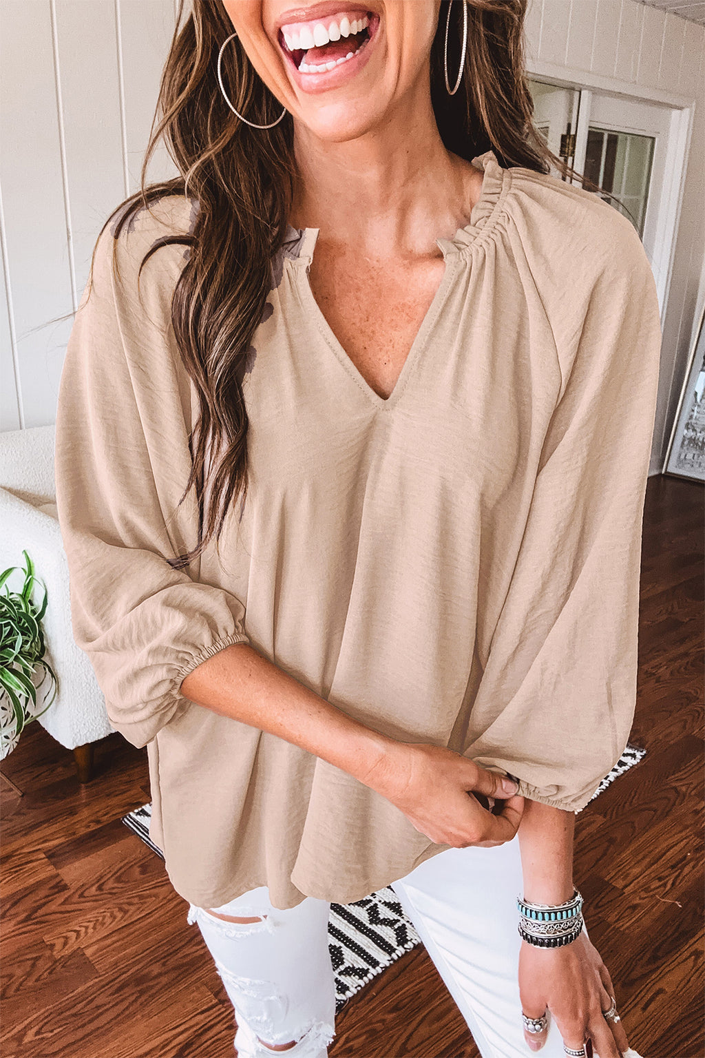 V-Neck Gathered Cuff Three Quarter Sleeve Blouse