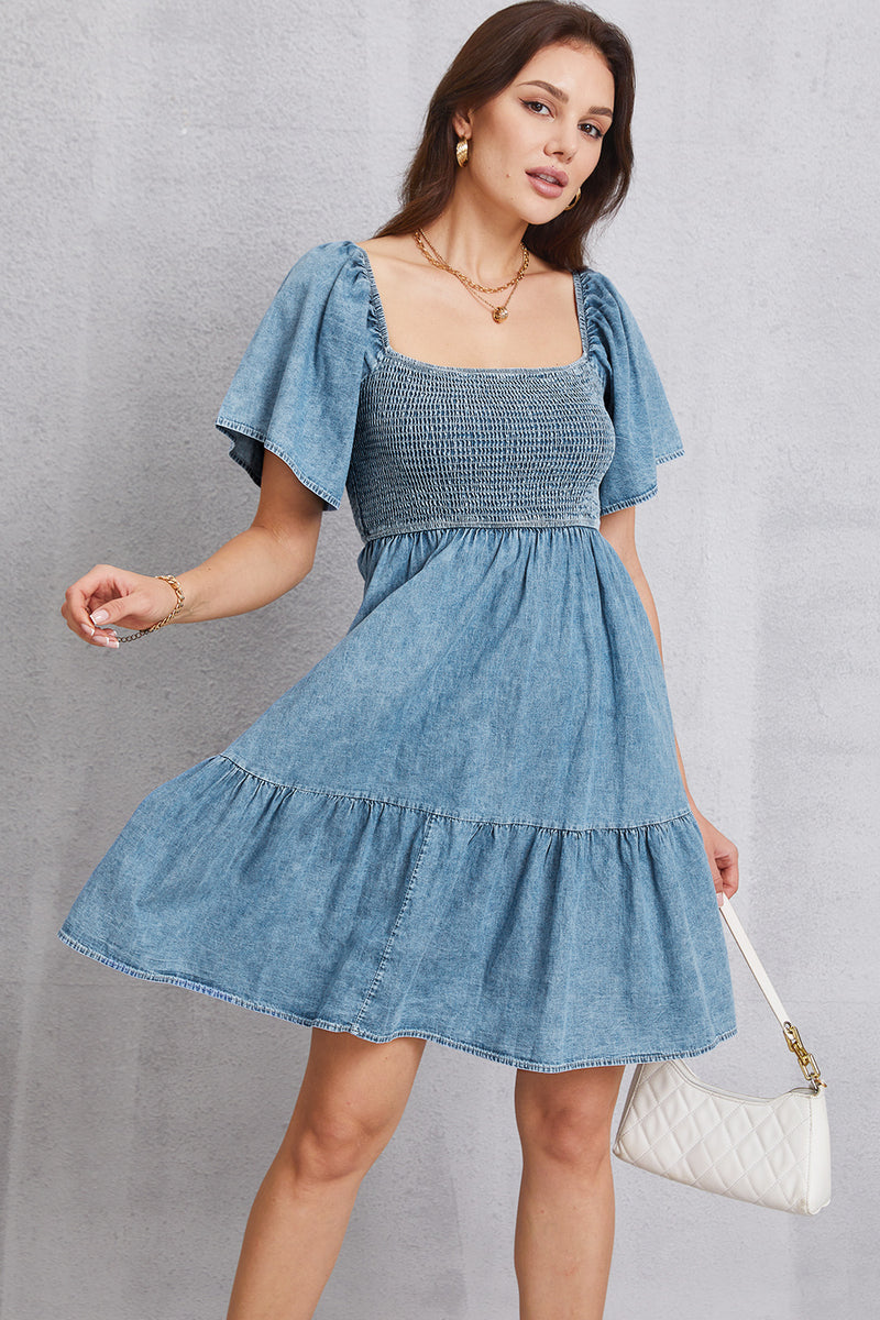 Smocked Square-Neck Mini Denim Dress
