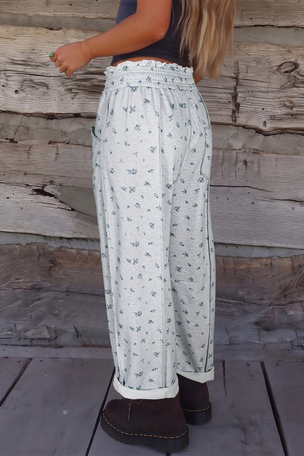 Gray Floral Print Elastic Waist Regular Fit Pants