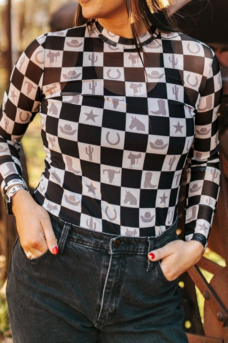 Hazel Blues® |  Checkered Mock Neck Long Sleeve Top