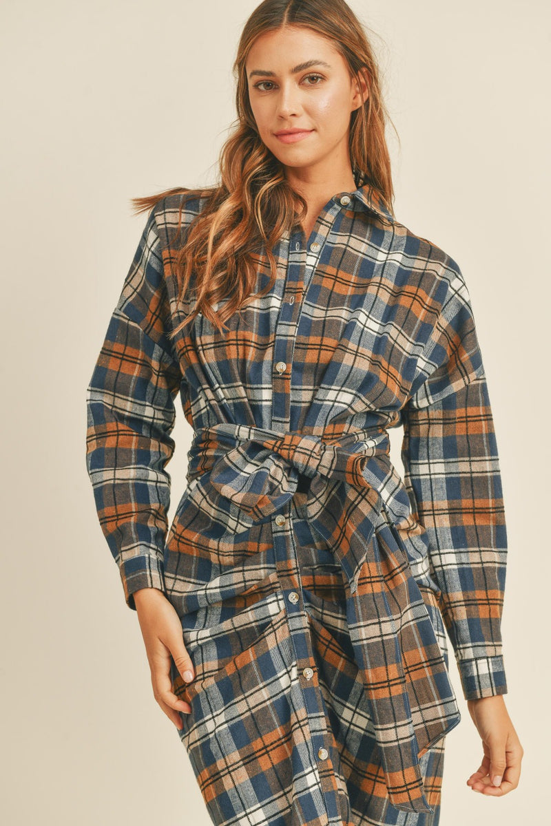 Hazel Blues® |  Mable Plaid Flannel Front Tie Button Down Shirt Dress