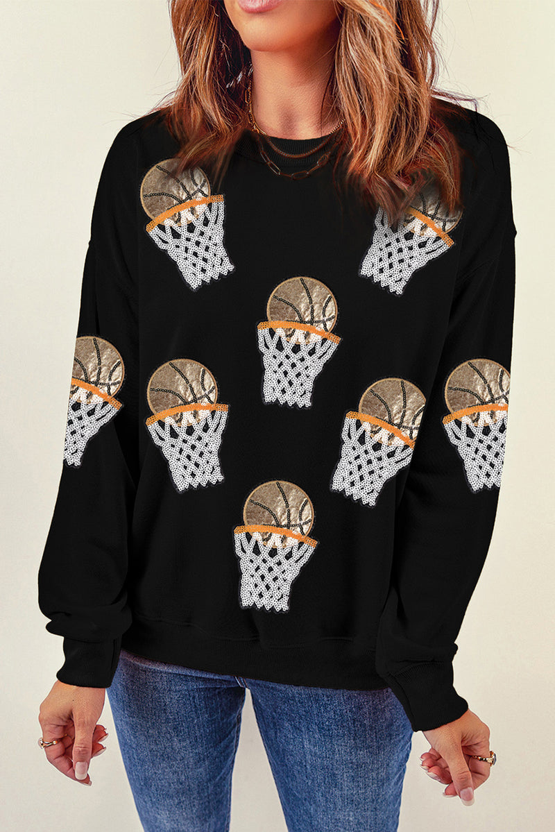 Hazel Blues® |  Black Basketball Patched Game Day Crew Neck Graphic Sweatshirt