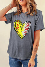 Hazel Blues® |  Gray Baseball Heart Shape Print Crew Neck T Shirt