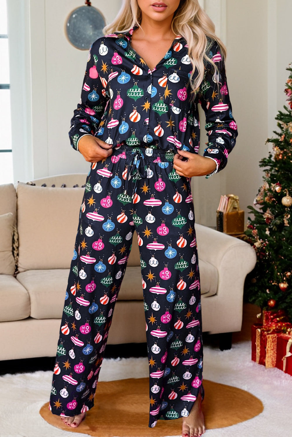 Hazel Blues® |  Christmas Lights Print Collared Neck Top and Pants Set