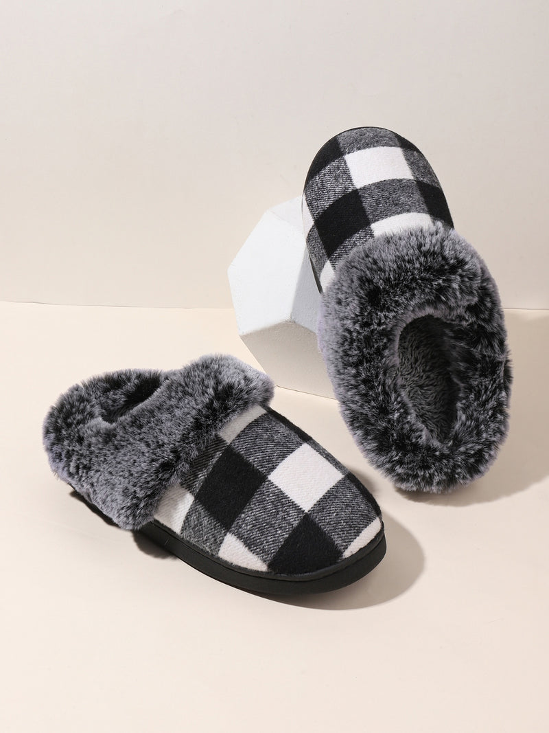 Hazel Blues® |  Plaid Furry Round Toe Flat Slippers